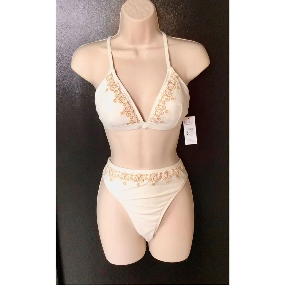 NWT Cupshe Womens Ivory Gold Triangle Bikini Swimsuit Set 2 Piece Medium/Large